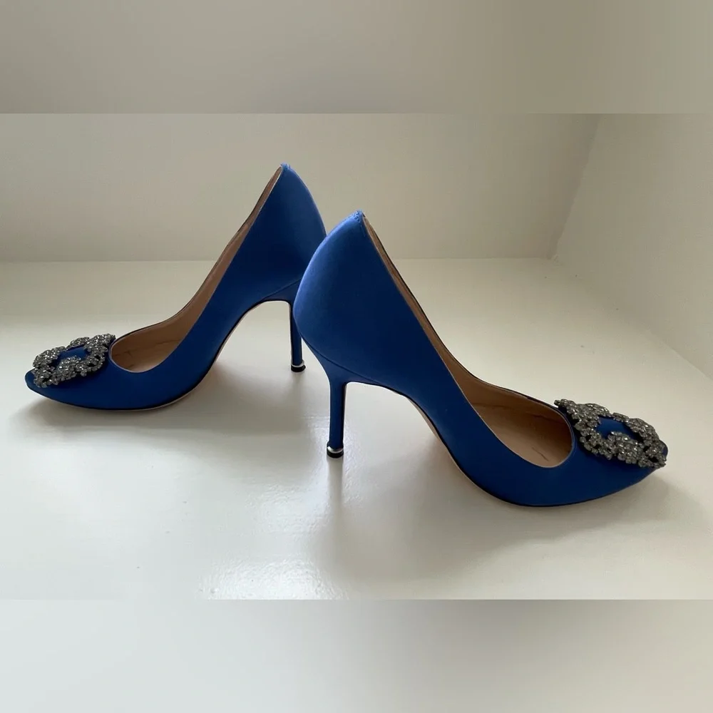 Manolo Blahnik Hangisi Blue Satin Jewel Pumps - Picture 5 of 13